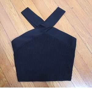 Babaton S Black Rib Sculpt Knit Halter Criss Cross Neck Crop Top Aritzia 77075